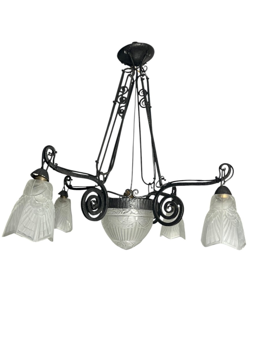 Art Deco, 5-light Chandelier In Molded Glass With Butterfly Decoration, Wrought Iron, Circa 1930-photo-4