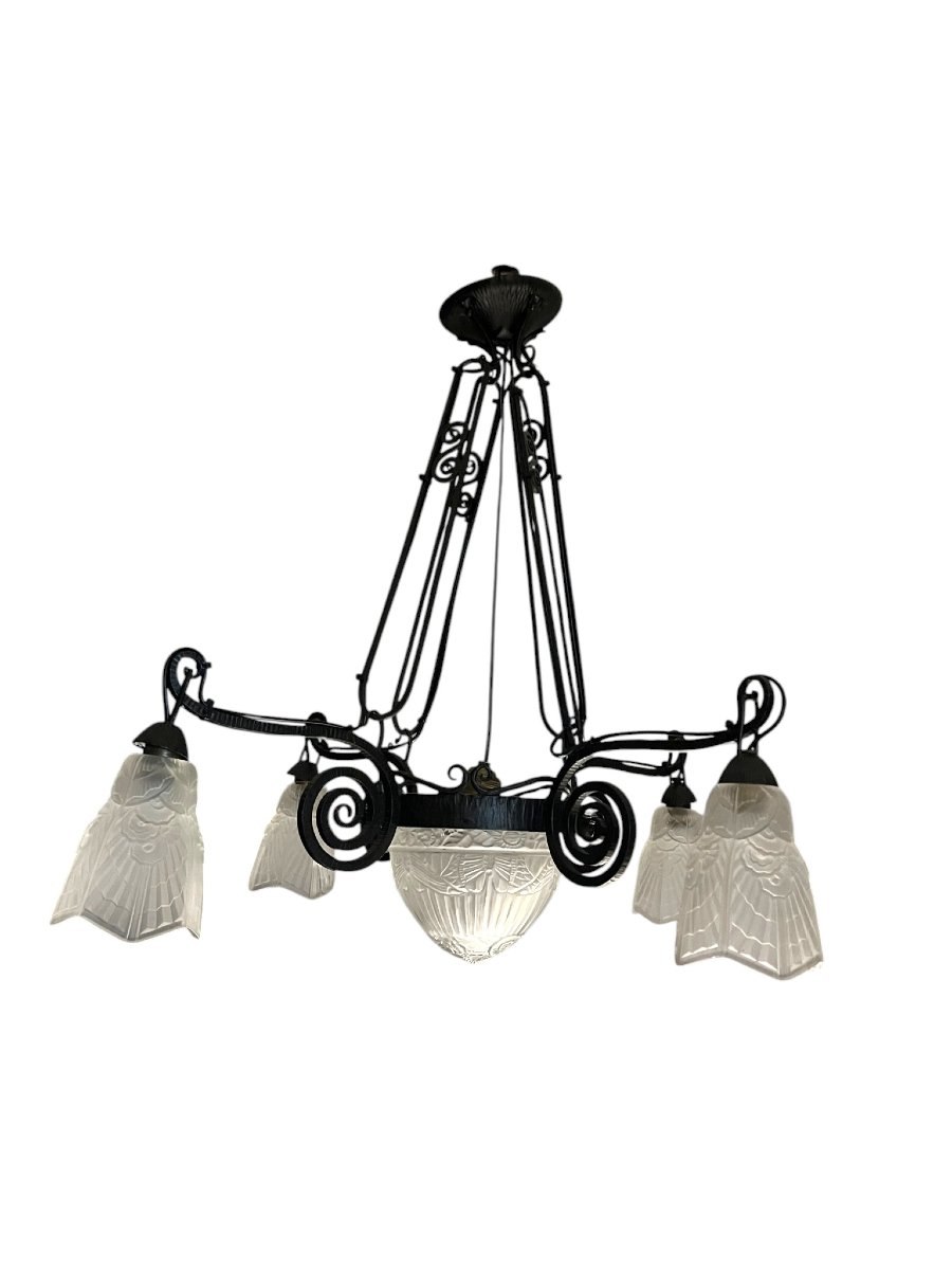 Art Deco, 5-light Chandelier In Molded Glass With Butterfly Decoration, Wrought Iron, Circa 1930-photo-1