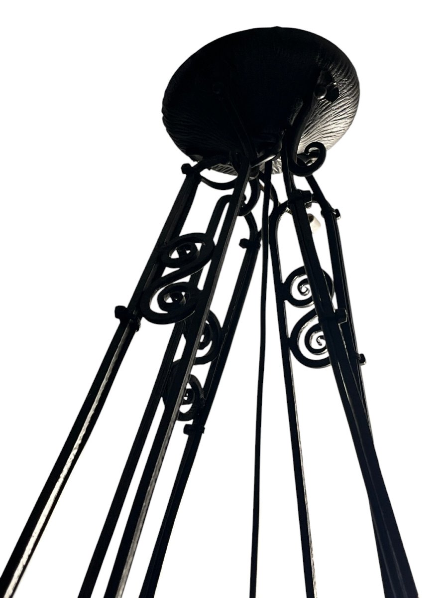 Art Deco, 5-light Chandelier In Molded Glass With Butterfly Decoration, Wrought Iron, Circa 1930-photo-5