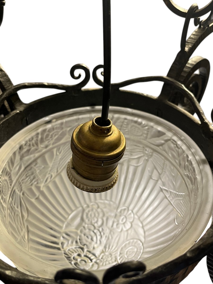 Art Deco, 5-light Chandelier In Molded Glass With Butterfly Decoration, Wrought Iron, Circa 1930-photo-6