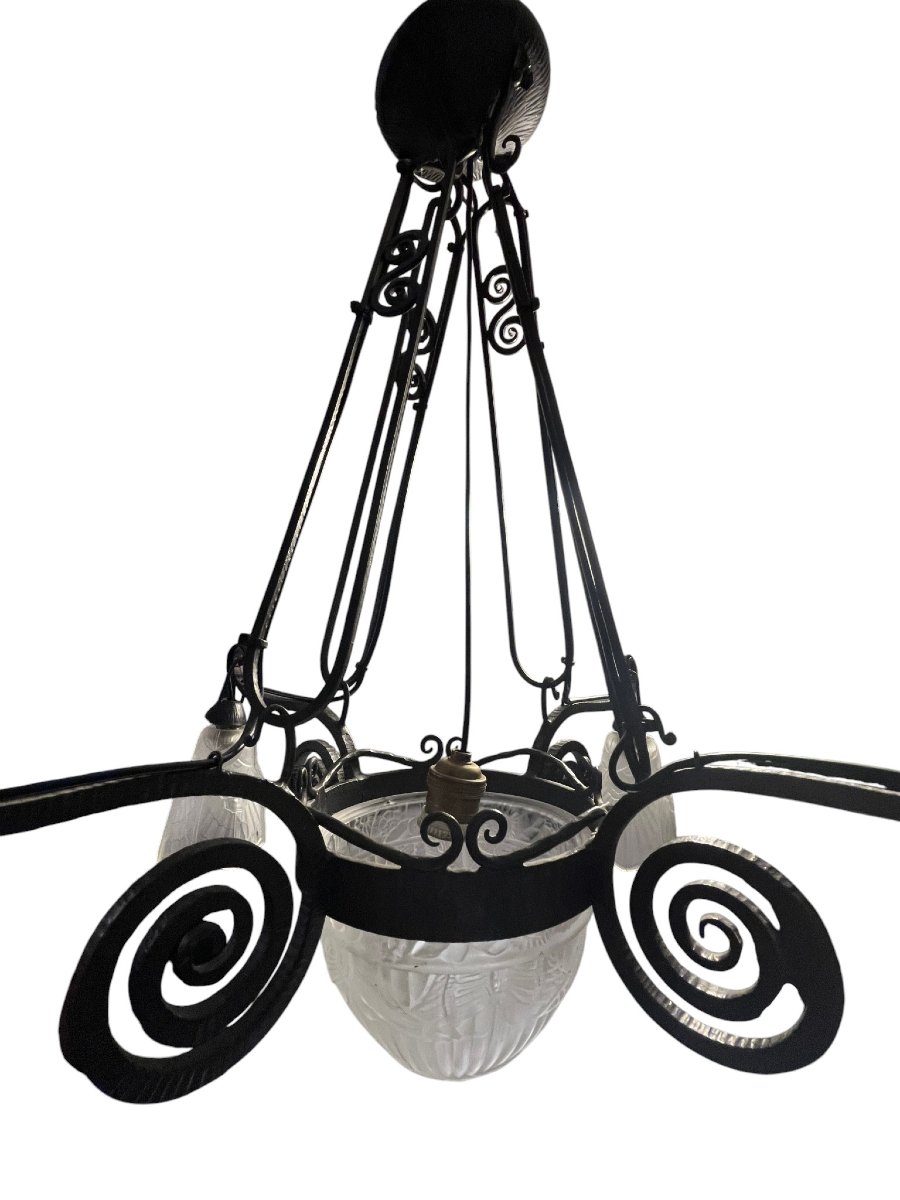 Art Deco, 5-light Chandelier In Molded Glass With Butterfly Decoration, Wrought Iron, Circa 1930-photo-7