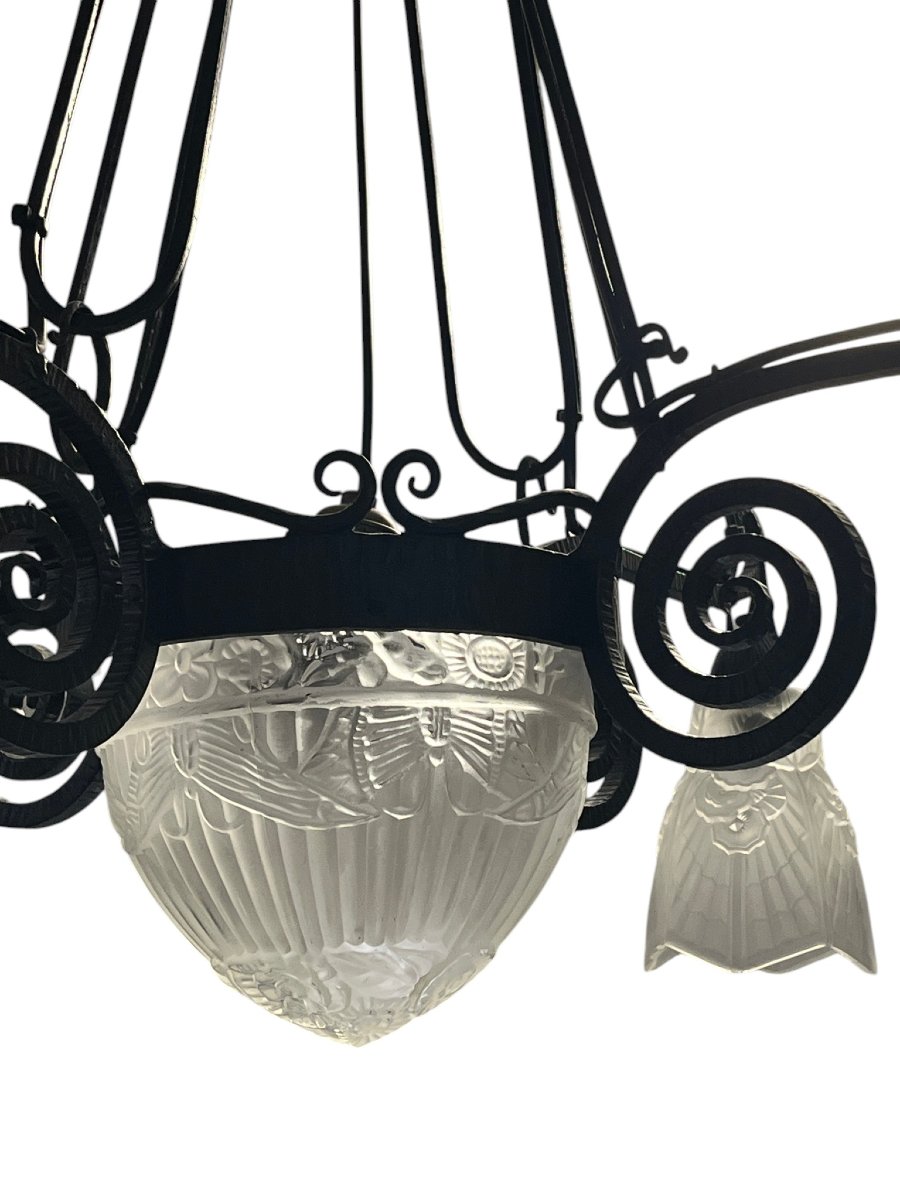 Art Deco, 5-light Chandelier In Molded Glass With Butterfly Decoration, Wrought Iron, Circa 1930-photo-8