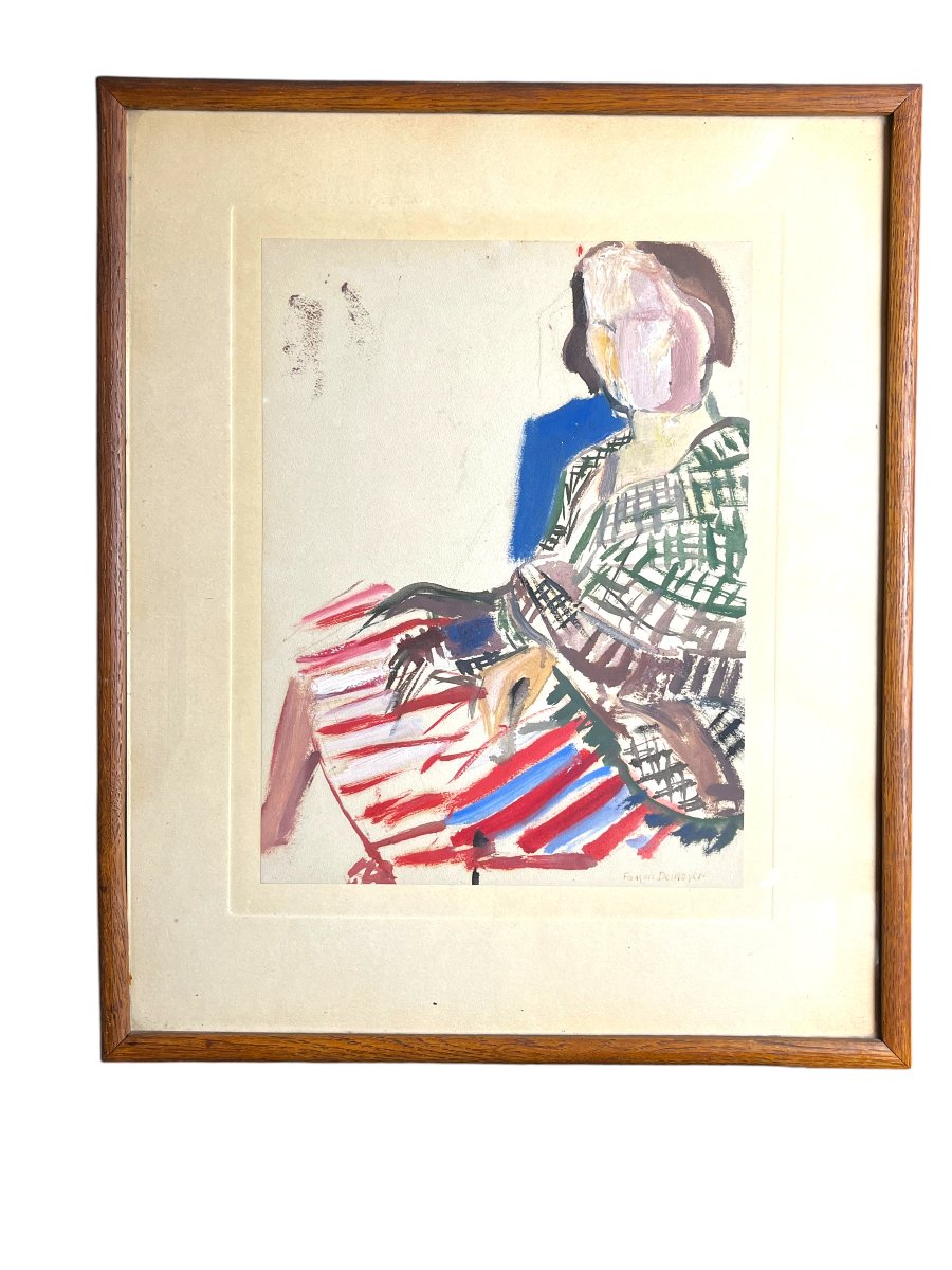 Desnoyer François, Watercolor And Gouache Portrait Of A Seated Woman, Signed 20th Century-photo-2