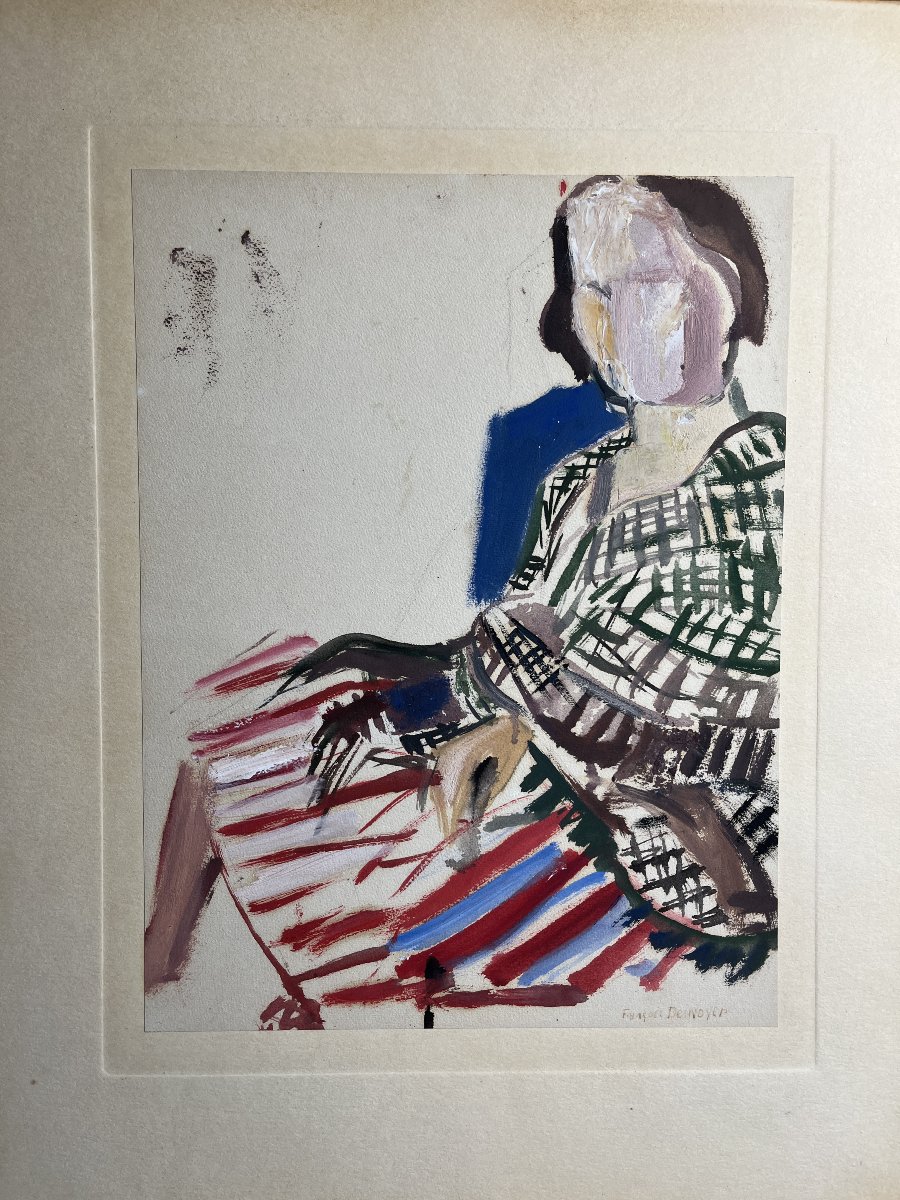 Desnoyer François, Watercolor And Gouache Portrait Of A Seated Woman, Signed 20th Century-photo-3