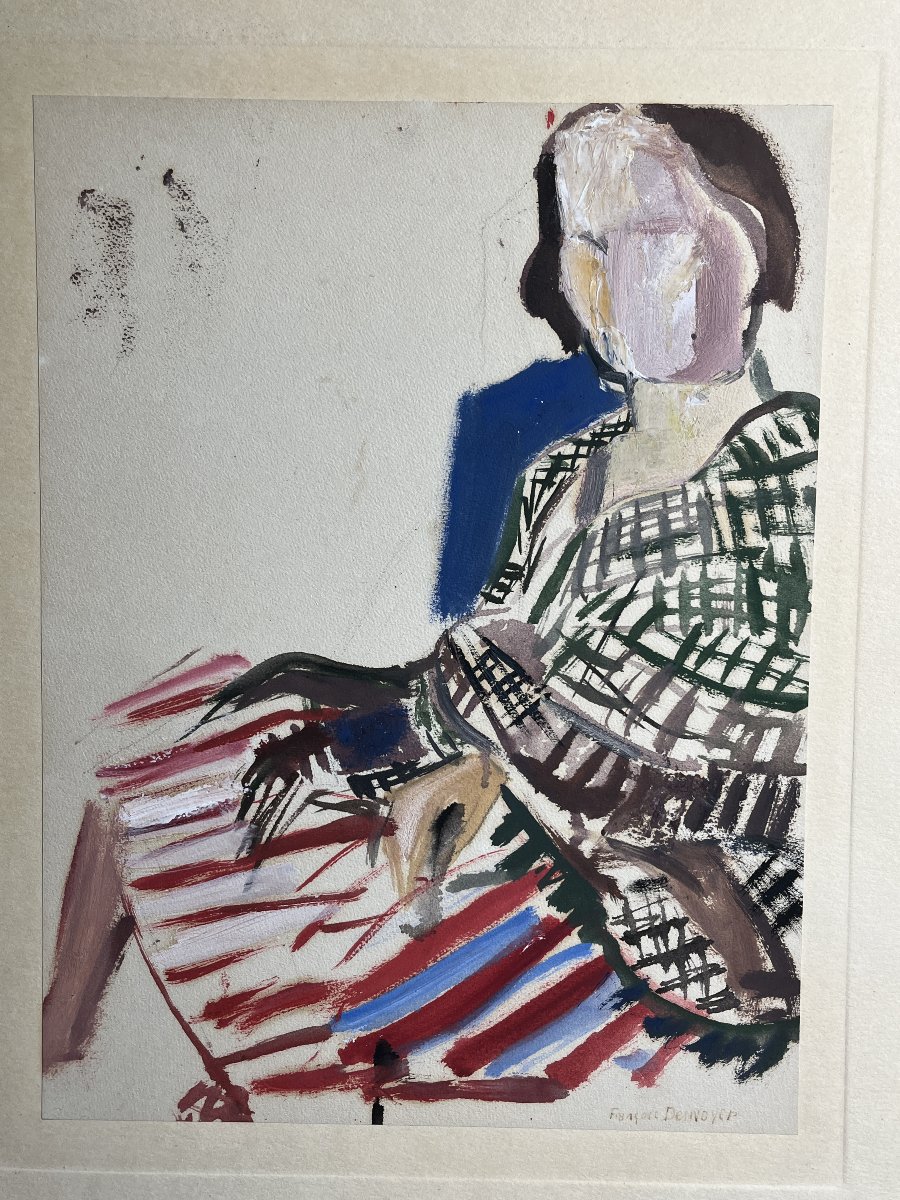 Desnoyer François, Watercolor And Gouache Portrait Of A Seated Woman, Signed 20th Century-photo-4