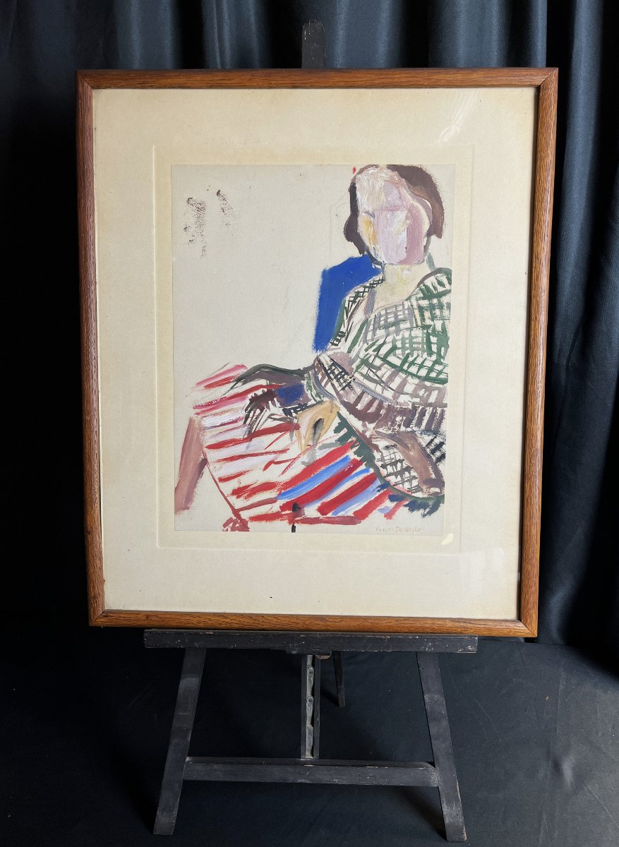 Desnoyer François, Watercolor And Gouache Portrait Of A Seated Woman, Signed 20th Century-photo-4