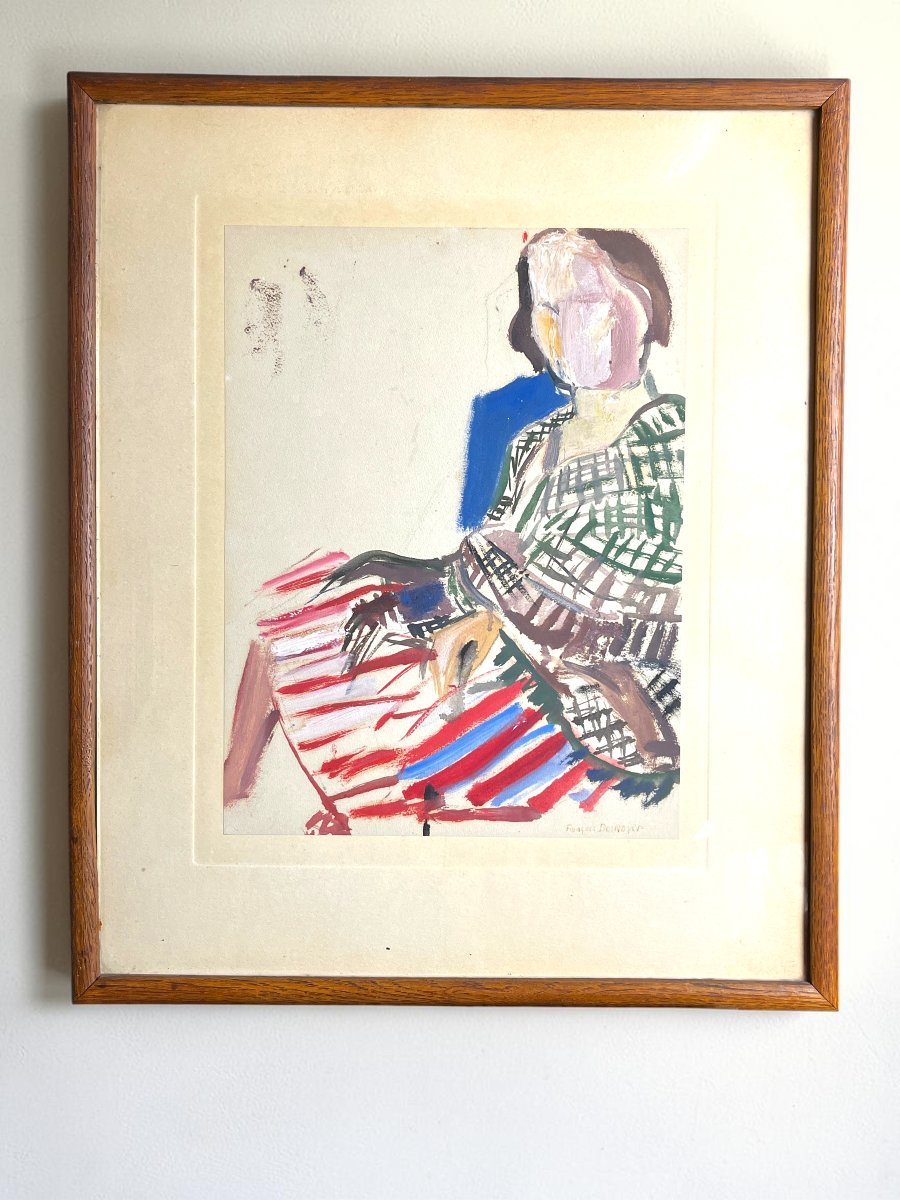 Desnoyer François, Watercolor And Gouache Portrait Of A Seated Woman, Signed 20th Century