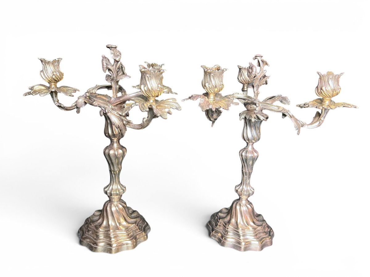 Tableware, Pair Of 3-candle Candelabra In The Louis XIX Style, Late 19th Century-photo-2