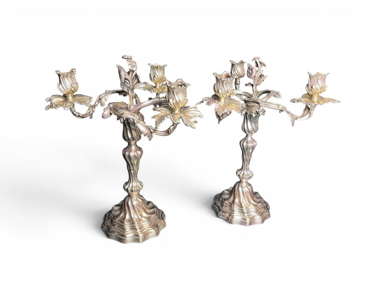 Tableware, Pair Of 3-candle Candelabra In The Louis XIX Style, Late 19th Century-photo-3