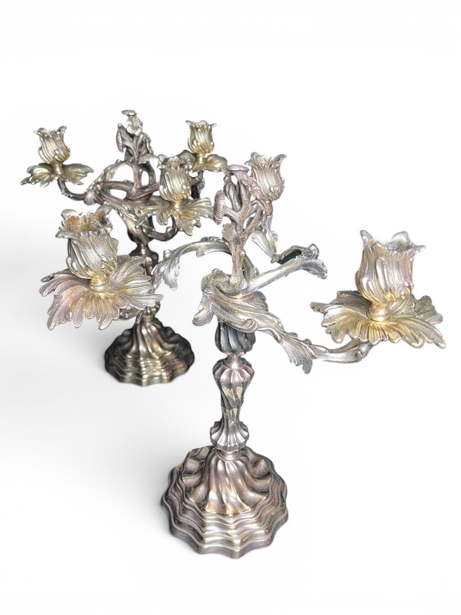 Tableware, Pair Of 3-candle Candelabra In The Louis XIX Style, Late 19th Century-photo-4
