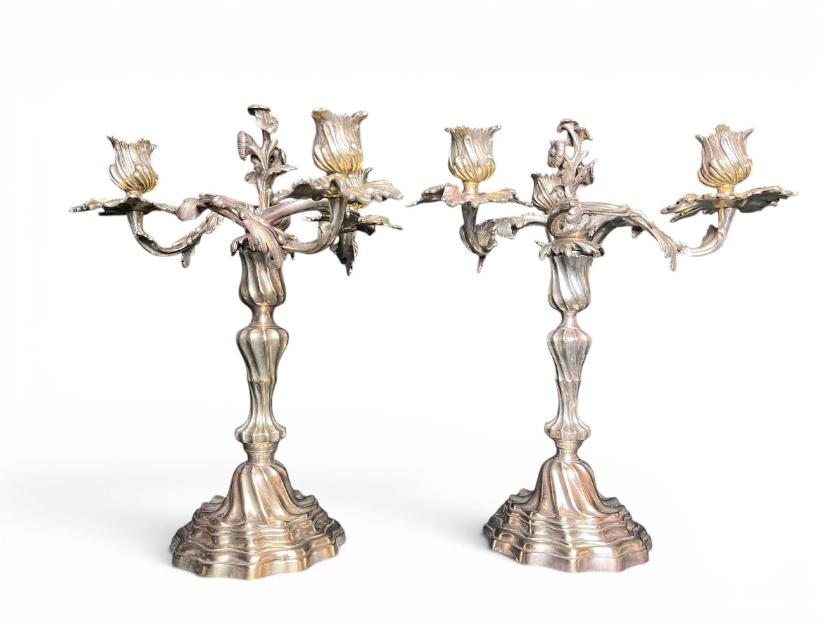 Tableware, Pair Of 3-candle Candelabra In The Louis XIX Style, Late 19th Century
