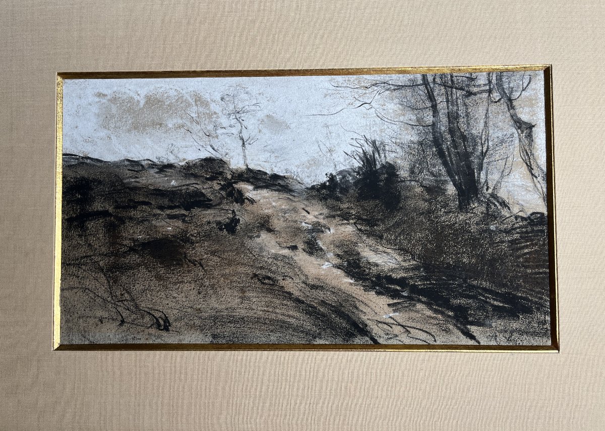 Vollon, Charcoal And Gouache Landscape Drawing, Inscribed On The Reverse, Late 19th Century-photo-3