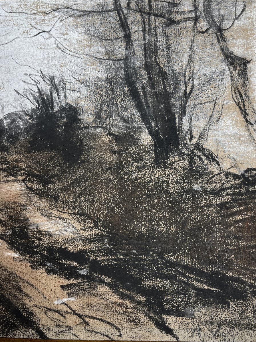 Vollon, Charcoal And Gouache Landscape Drawing, Inscribed On The Reverse, Late 19th Century-photo-1
