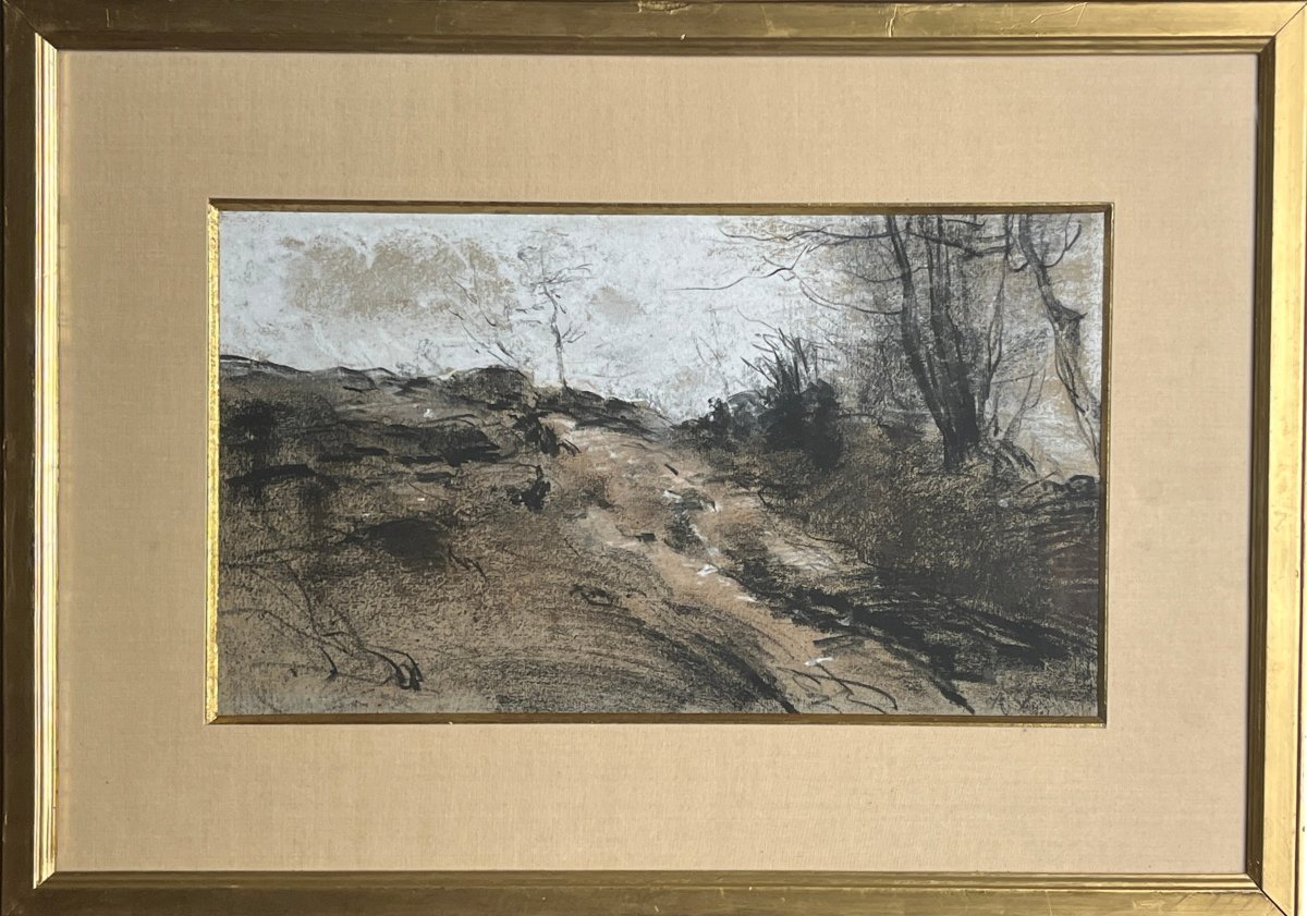 Vollon, Charcoal And Gouache Landscape Drawing, Inscribed On The Reverse, Late 19th Century