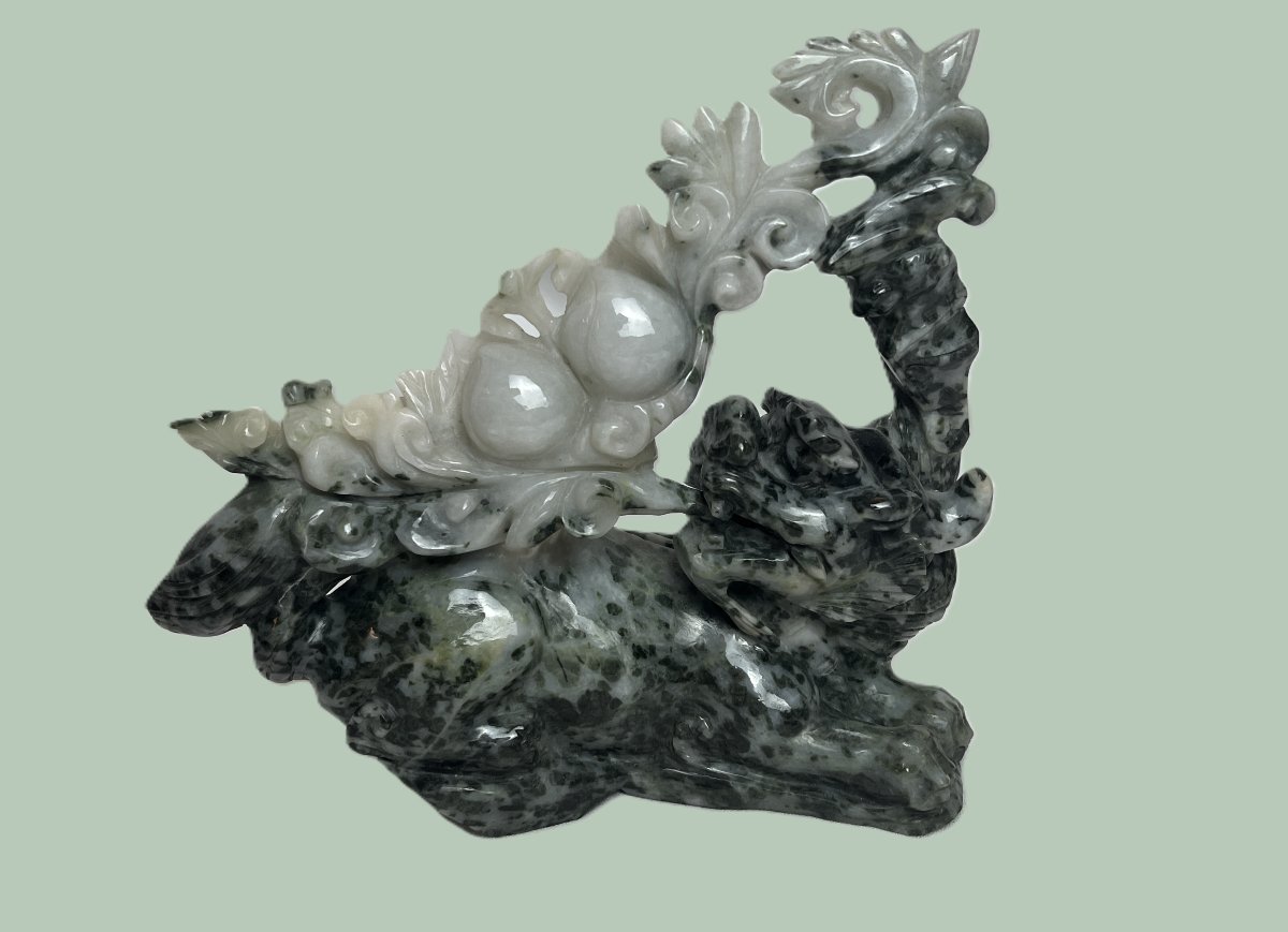 China, Jade Dragon Sculpture On A Wooden Base, Numbered, 20th Century-photo-2