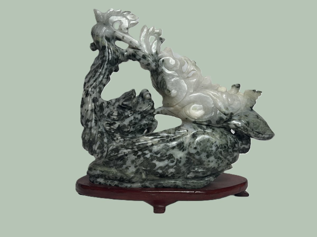 China, Jade Dragon Sculpture On A Wooden Base, Numbered, 20th Century-photo-3