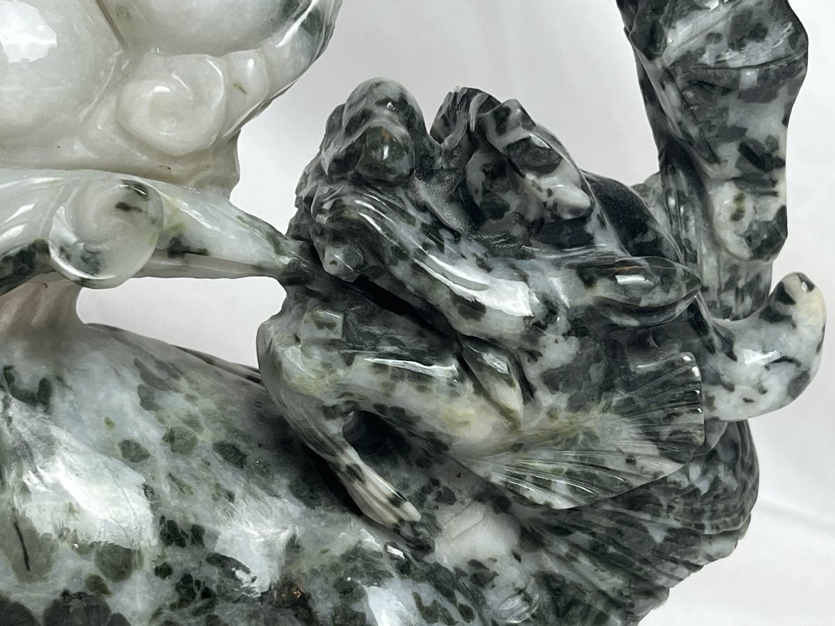 China, Jade Dragon Sculpture On A Wooden Base, Numbered, 20th Century-photo-4