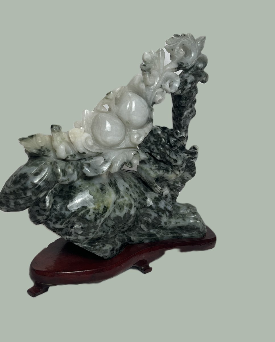 China, Jade Dragon Sculpture On A Wooden Base, Numbered, 20th Century-photo-1