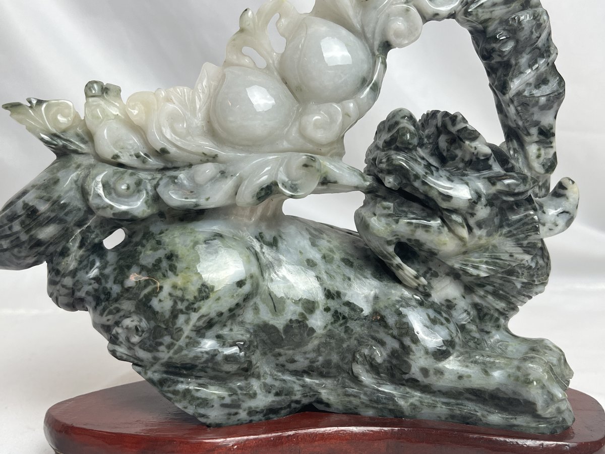 China, Jade Dragon Sculpture On A Wooden Base, Numbered, 20th Century-photo-3