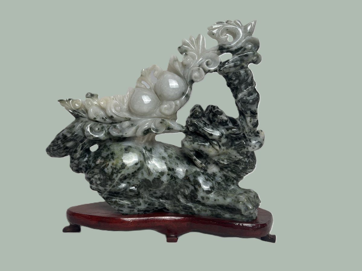 China, Jade Dragon Sculpture On A Wooden Base, Numbered, 20th Century