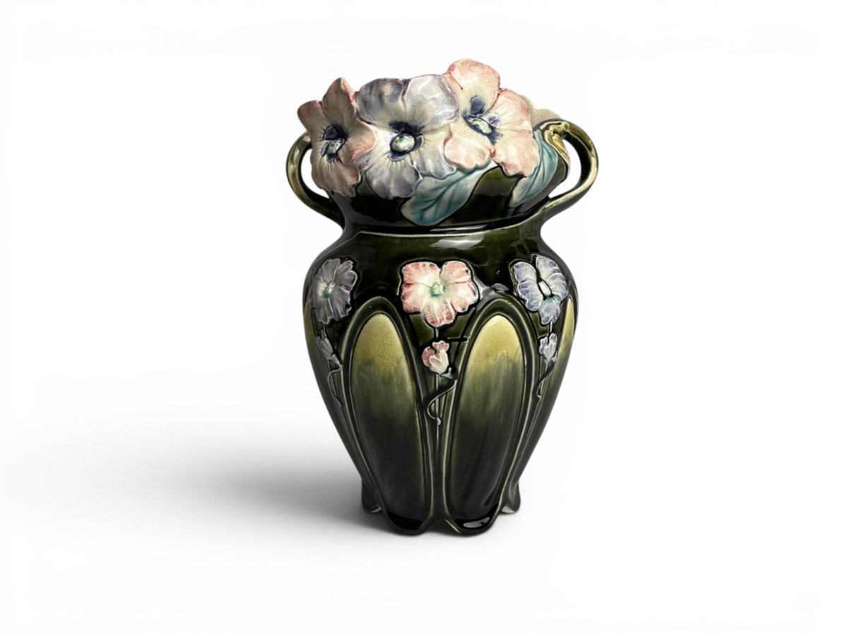Art Nouveau, Barbotine Vase By Bruyn Fives-lille, Circa 1900-photo-2