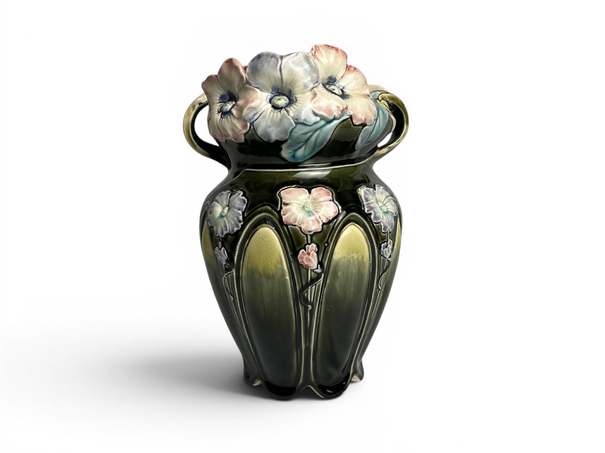 Art Nouveau, Barbotine Vase By Bruyn Fives-lille, Circa 1900-photo-3