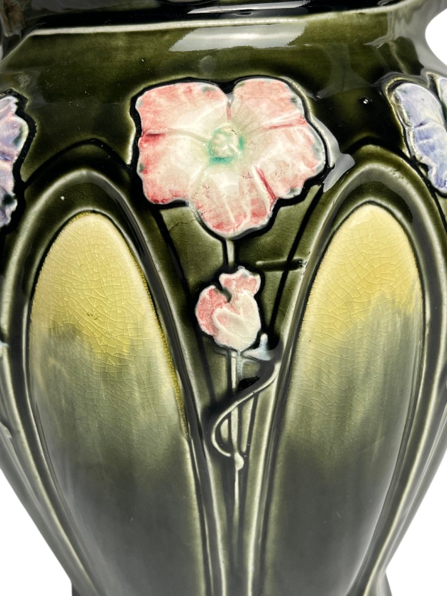 Art Nouveau, Barbotine Vase By Bruyn Fives-lille, Circa 1900-photo-1