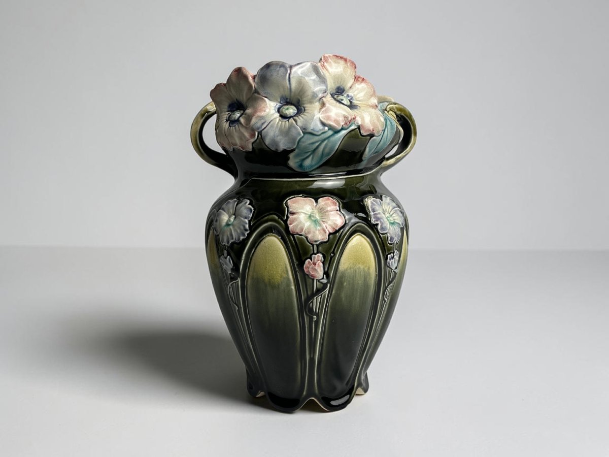 Art Nouveau, Barbotine Vase By Bruyn Fives-lille, Circa 1900