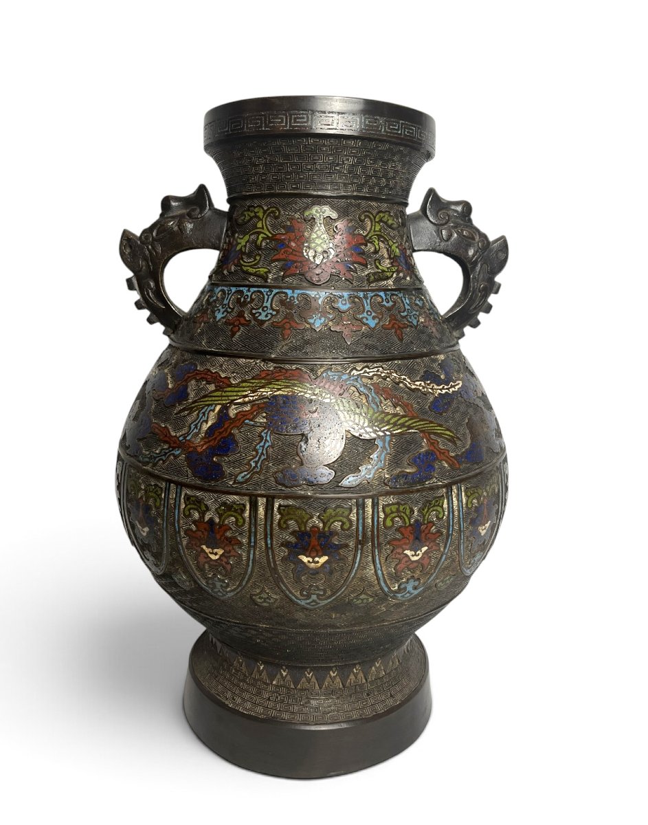 Japan, Large Cloisonné Hu Bronze Vase, Late 19th Century-photo-3
