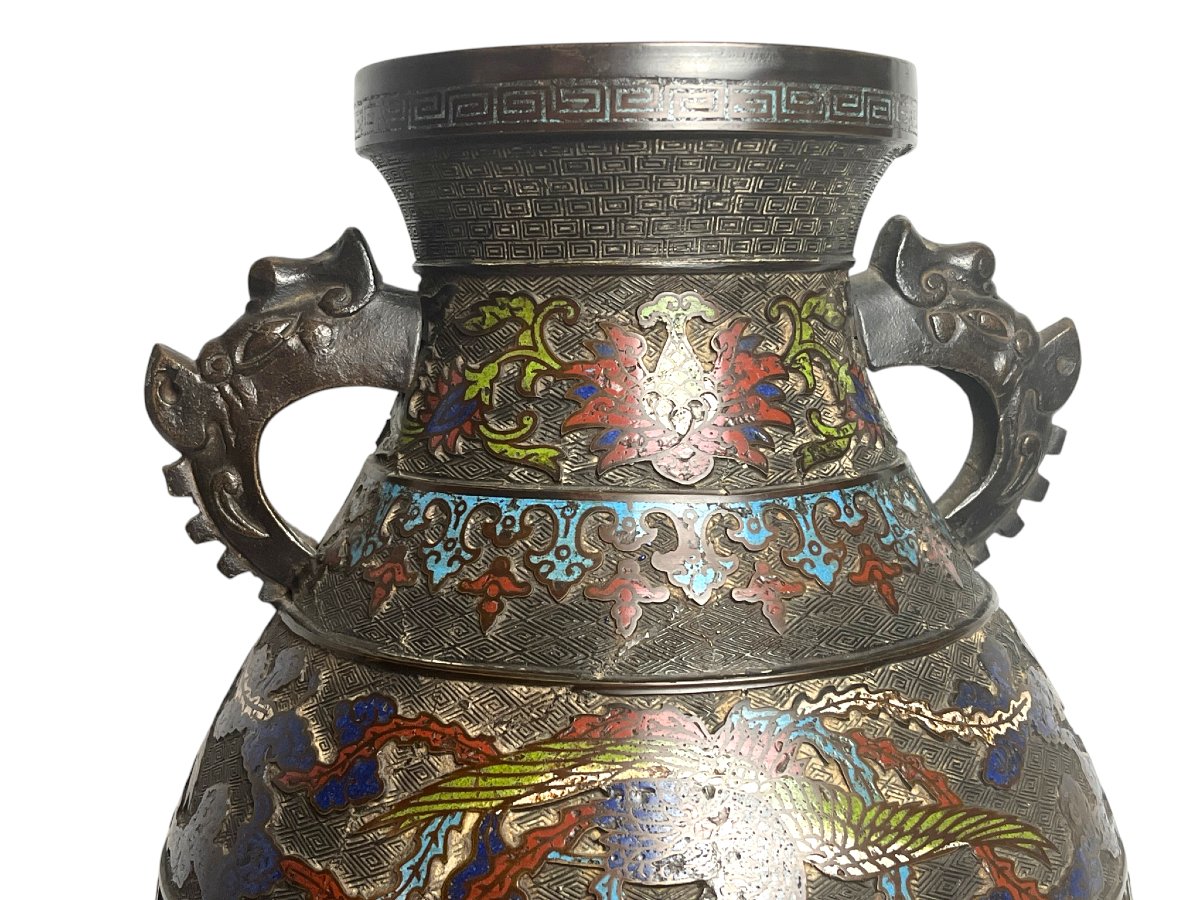 Japan, Large Cloisonné Hu Bronze Vase, Late 19th Century-photo-4