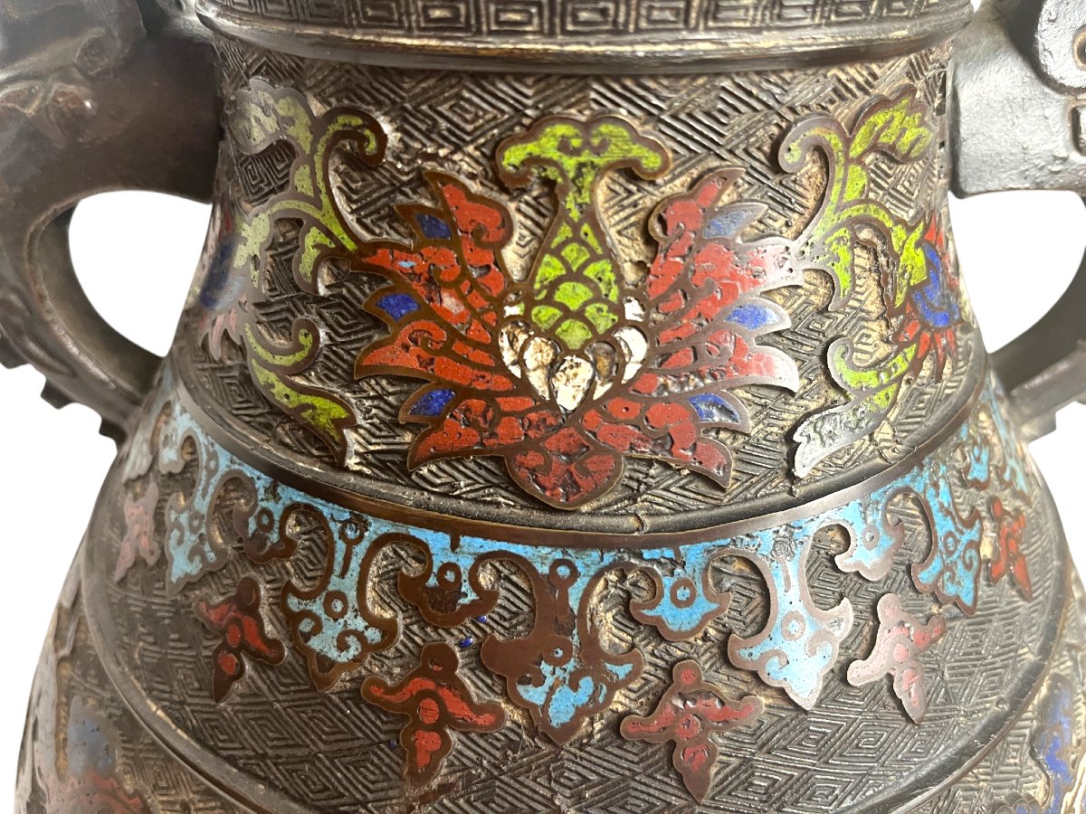 Japan, Large Cloisonné Hu Bronze Vase, Late 19th Century-photo-1