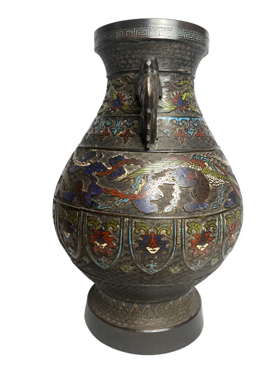 Japan, Large Cloisonné Hu Bronze Vase, Late 19th Century-photo-3