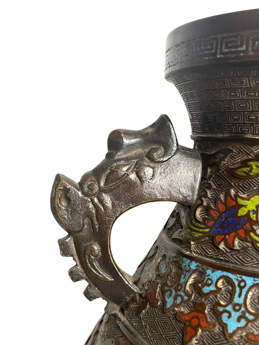 Japan, Large Cloisonné Hu Bronze Vase, Late 19th Century-photo-5