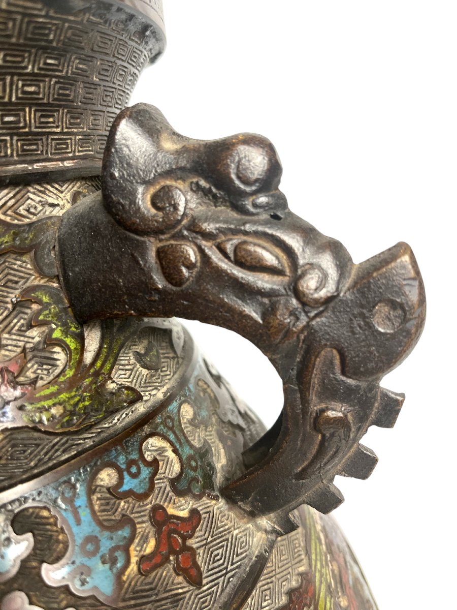 Japan, Large Cloisonné Hu Bronze Vase, Late 19th Century-photo-6
