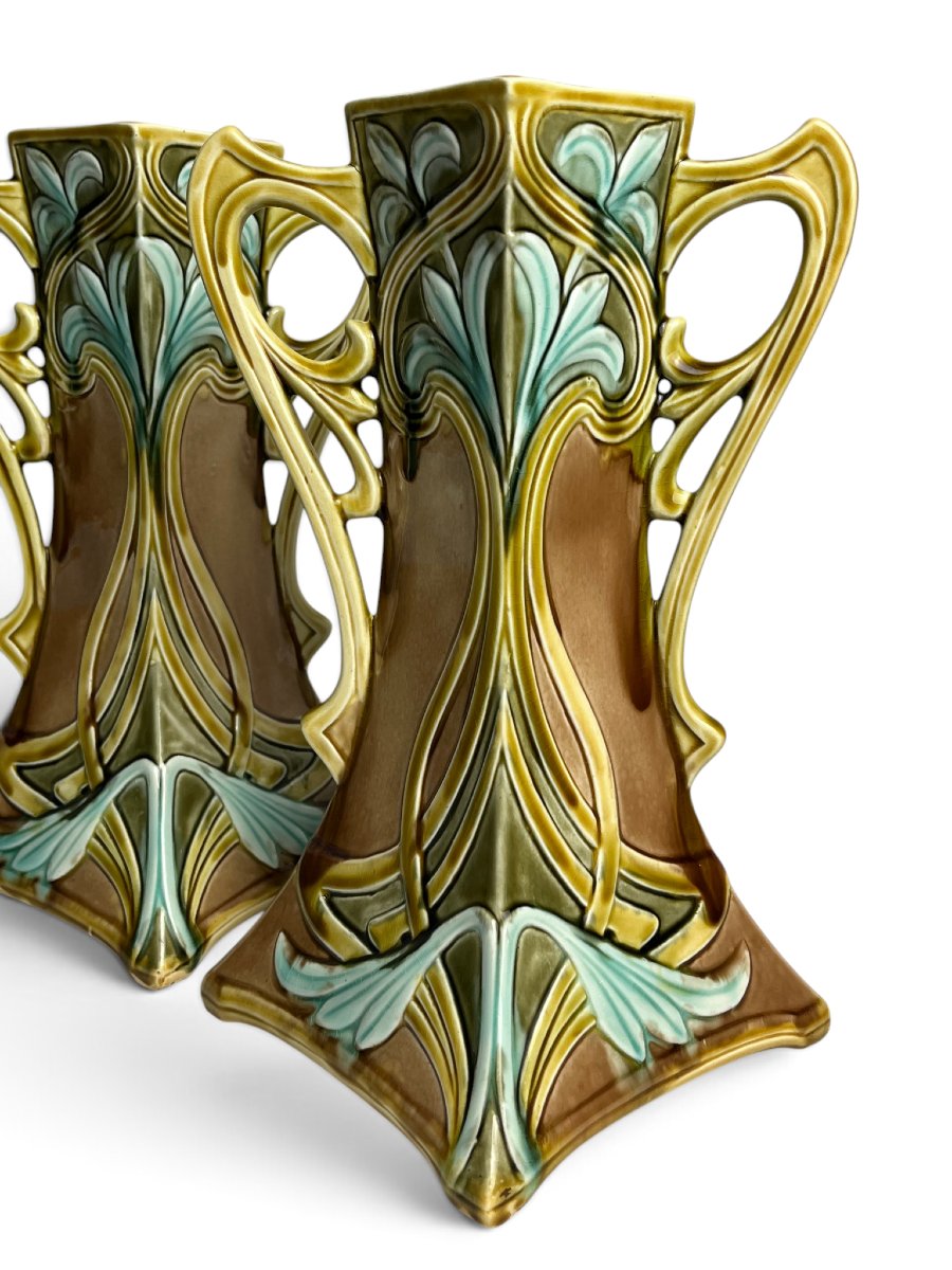 Art nouveau, deux vases barbotine Onnaing vers 1920-photo-2
