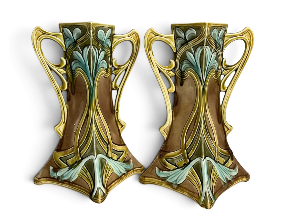 Art nouveau, deux vases barbotine Onnaing vers 1920-photo-2