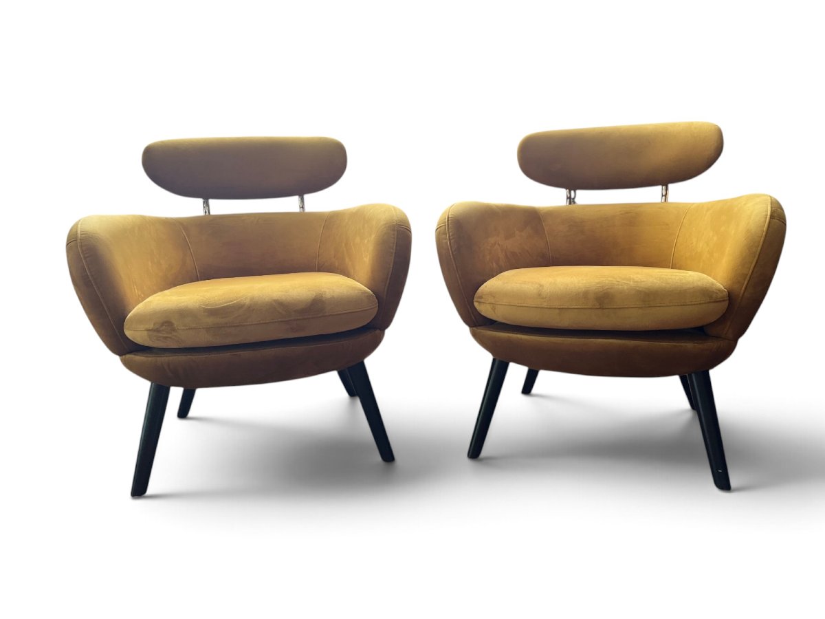 Vintage paire de fauteuils en velours moutarde XXème -photo-2