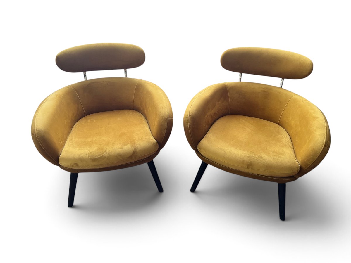 Vintage paire de fauteuils en velours moutarde XXème -photo-3