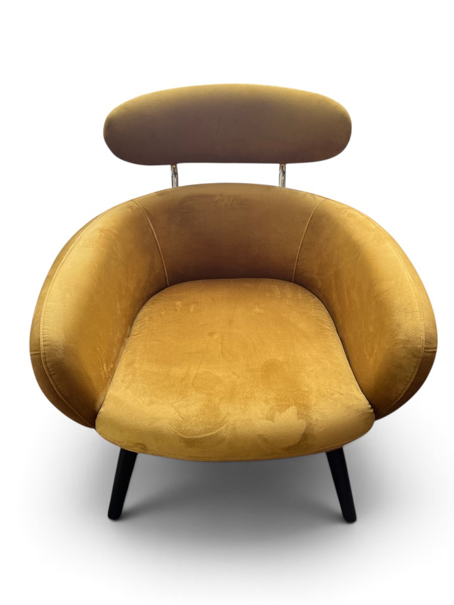 Vintage paire de fauteuils en velours moutarde XXème -photo-4
