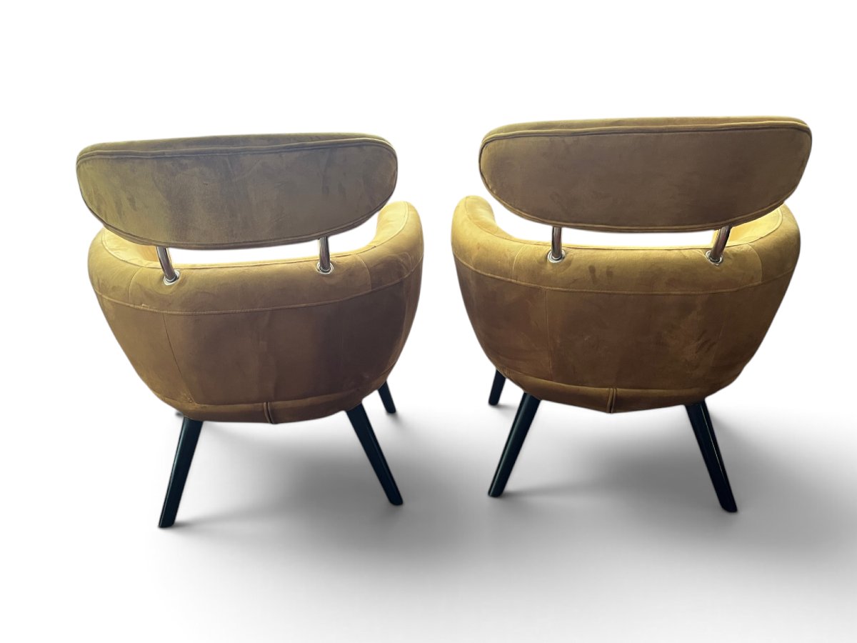 Vintage paire de fauteuils en velours moutarde XXème -photo-1