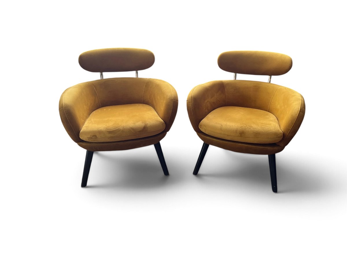 Vintage paire de fauteuils en velours moutarde XXème -photo-5