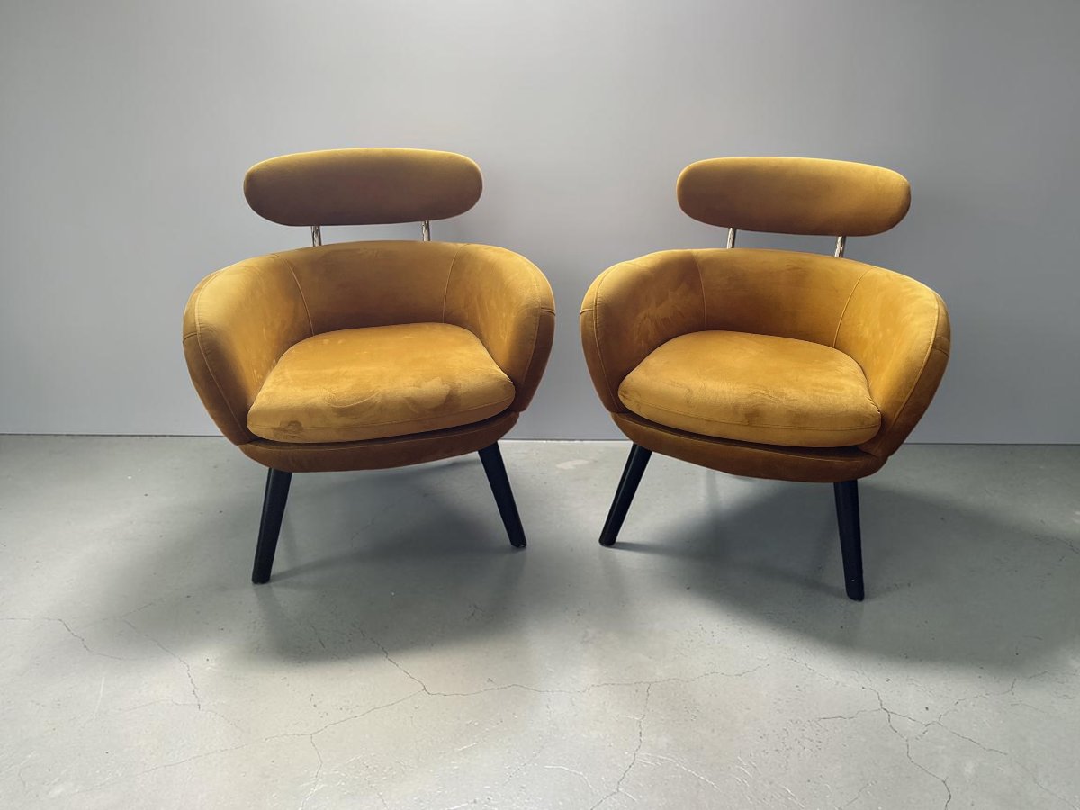 Vintage paire de fauteuils en velours moutarde XXème 