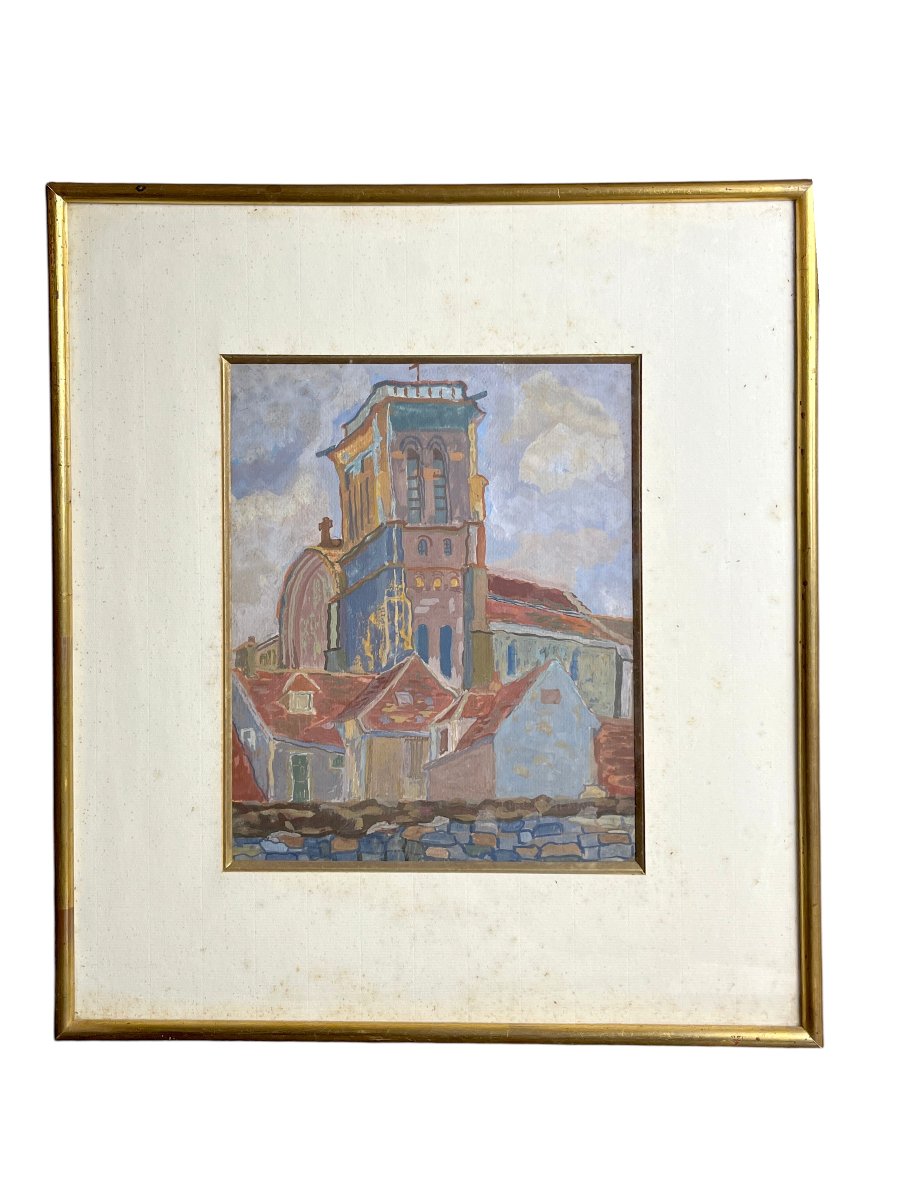Gouache, paysage Basilique de Vézelay encadrement début XXème-photo-2