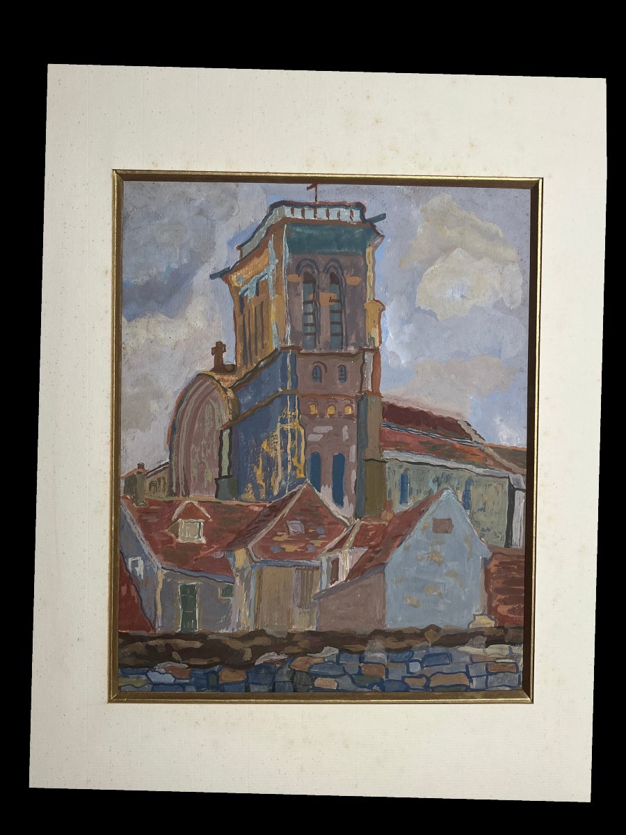 Gouache, paysage Basilique de Vézelay encadrement début XXème-photo-4