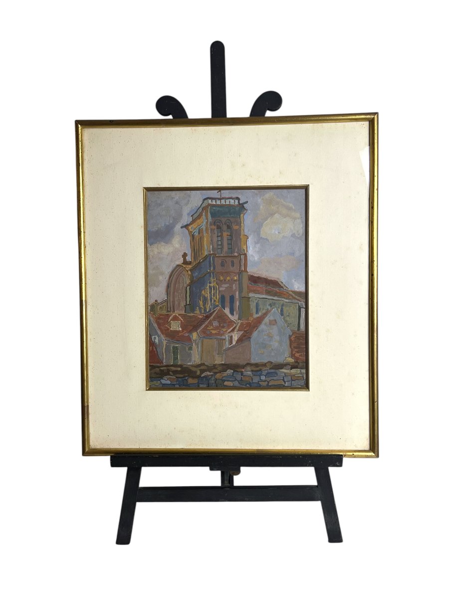 Gouache, paysage Basilique de Vézelay encadrement début XXème-photo-1
