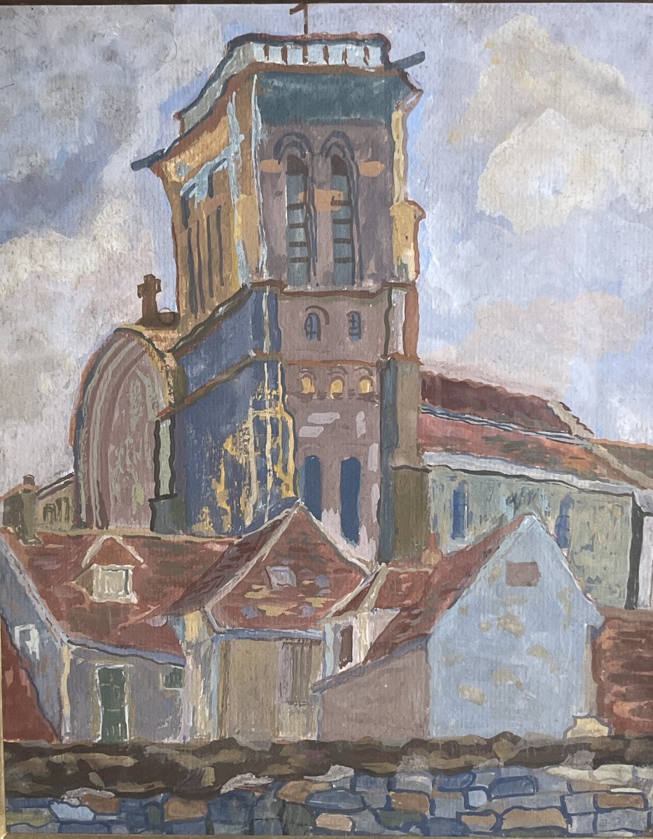 Gouache, paysage Basilique de Vézelay encadrement début XXème