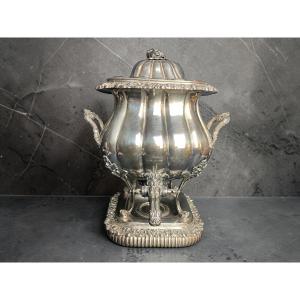 Importante Fontaine à Eau Chaude Samovar Métal Argenté Fin XIXème