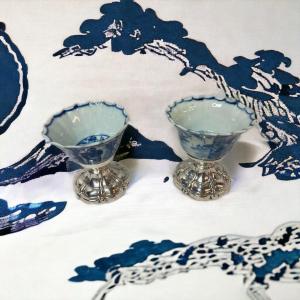 China, Pair Porcelain Sorbets On Silver Base 18th Century Hallmark