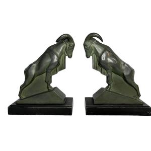 Le Verrier (max), Pair Of Art Deco Ibex Bookends Circa 1930