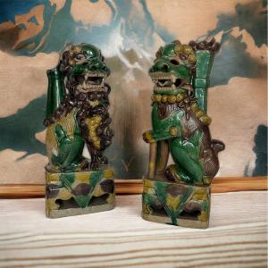China, Pair Of Sancai Sandstone Incense Sticks Or Chopsticks Holders 19th